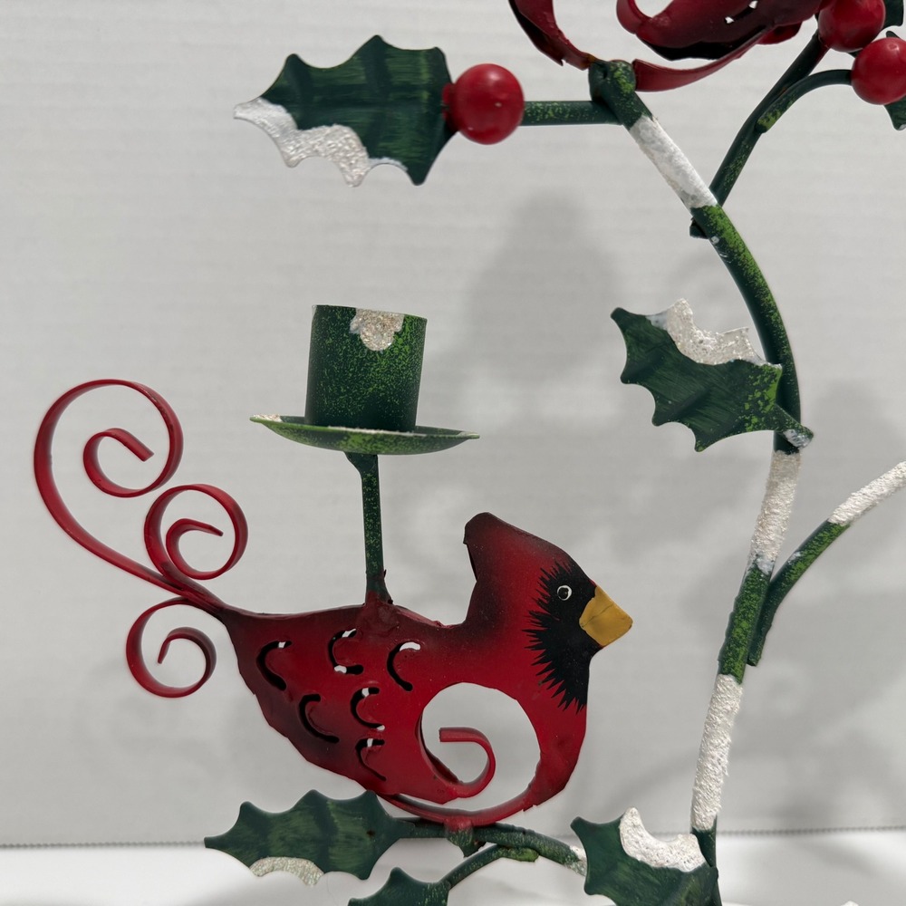 VTG Metal Cardinal Taper 3-Candle Holder Rustic Christmas Holly Bird Centerpiece - Picture 5 of 14